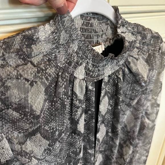 Wayf Revolve Women’s Snake Print Chiffon Keyhole Metallic Ruffle Mini Dress - Picture 8 of 13